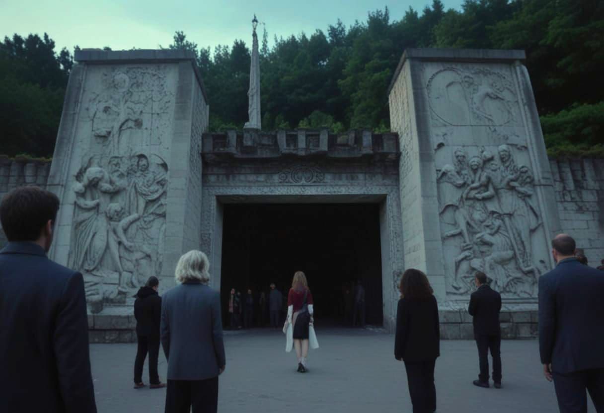 Ancient Temple Entrance with Modern Figures