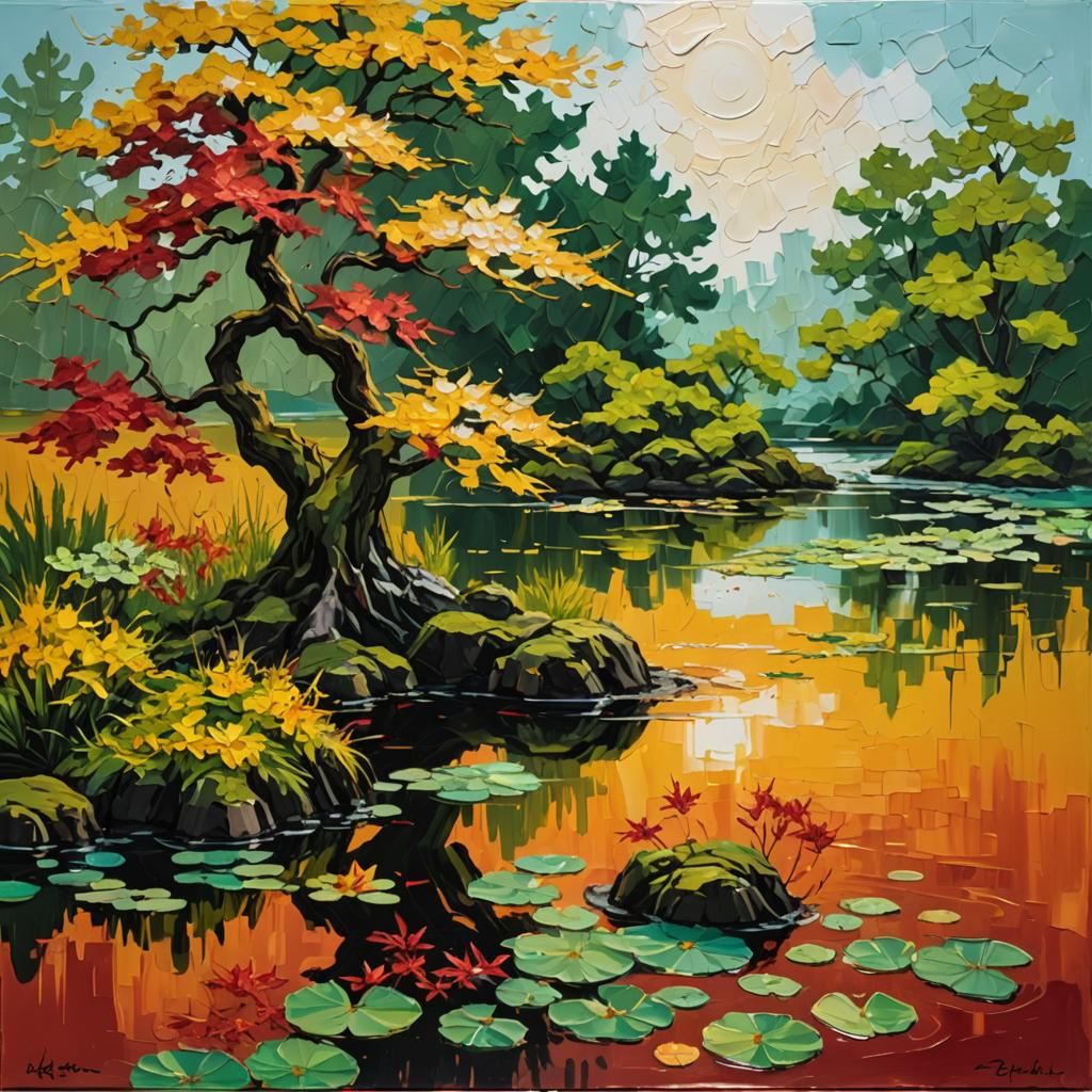 Serene Pond Scene with Maples as Impasto Painting
