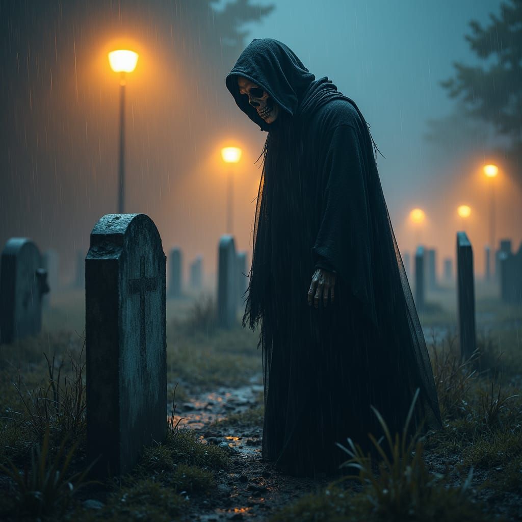 Grim Reaper Pays Respects in Cemetery at Night