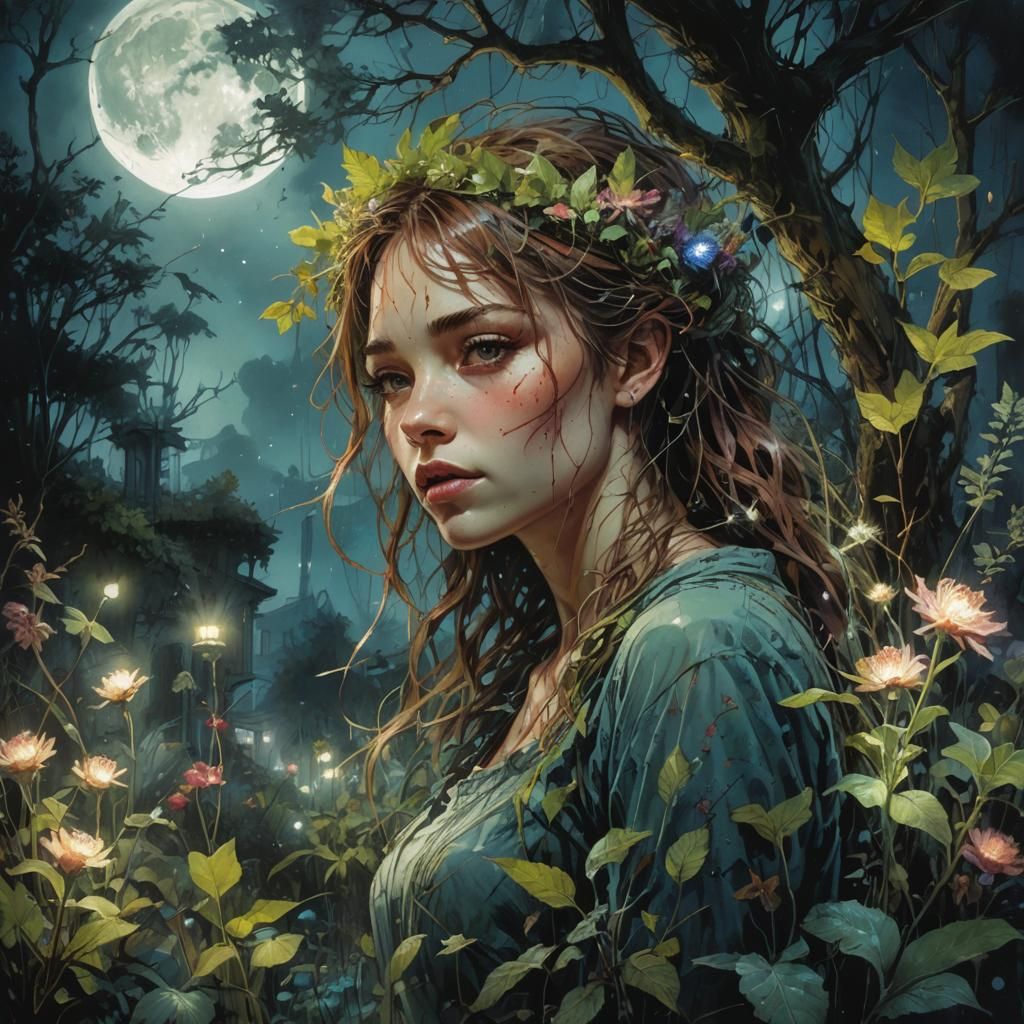 Moonlit Night Garden: Intricate Digital Art