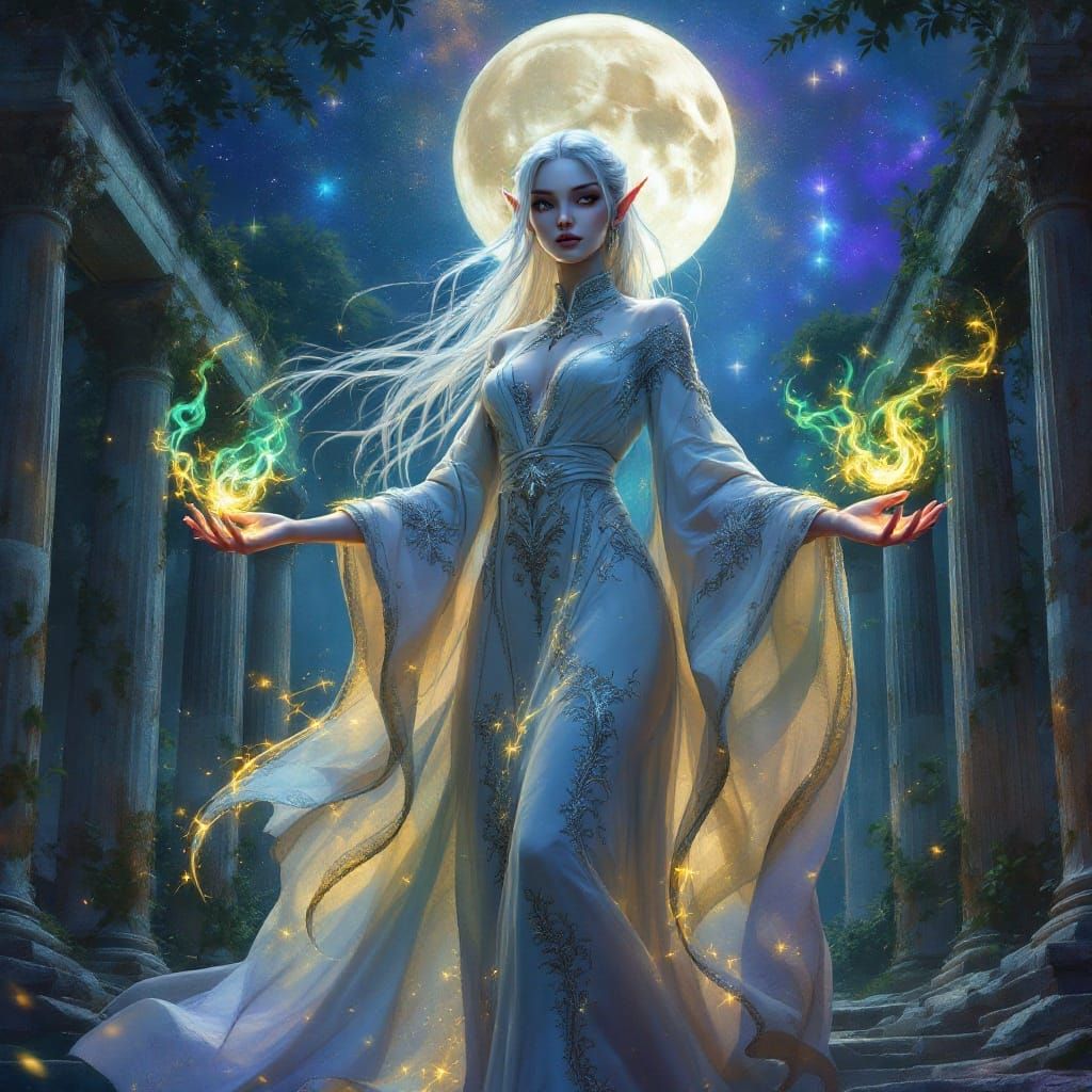 Moonlit Elf Sorceress Amidst Ancient Ruins
