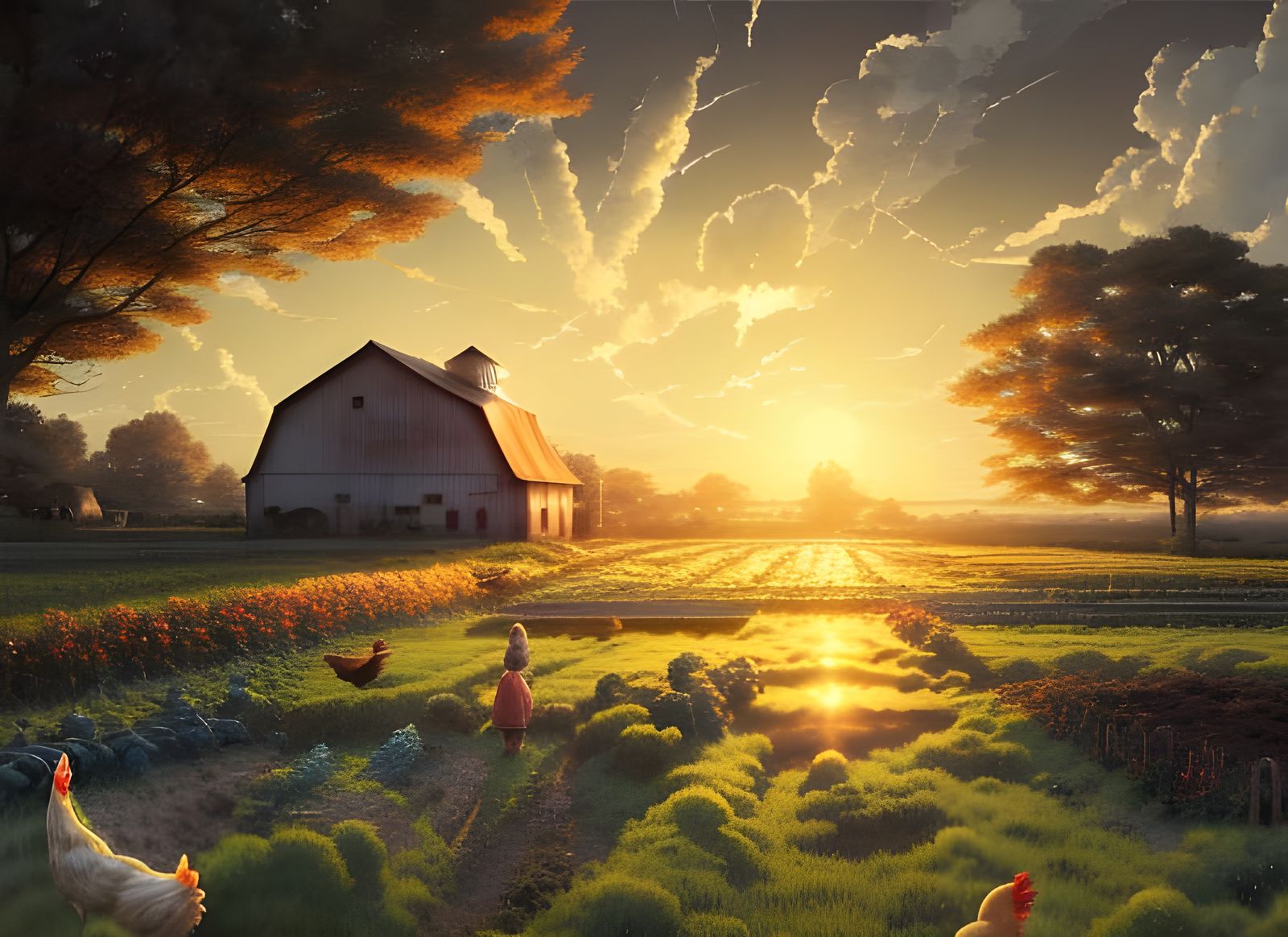 Farmhouse Sunset: Rural Landscape Illustration