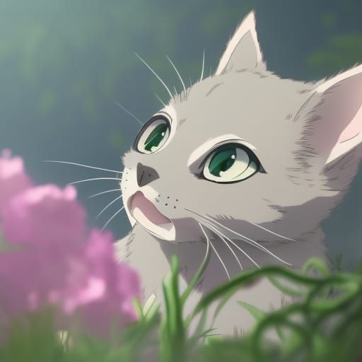 Gray Kitten with Pink Flower, Anime Style