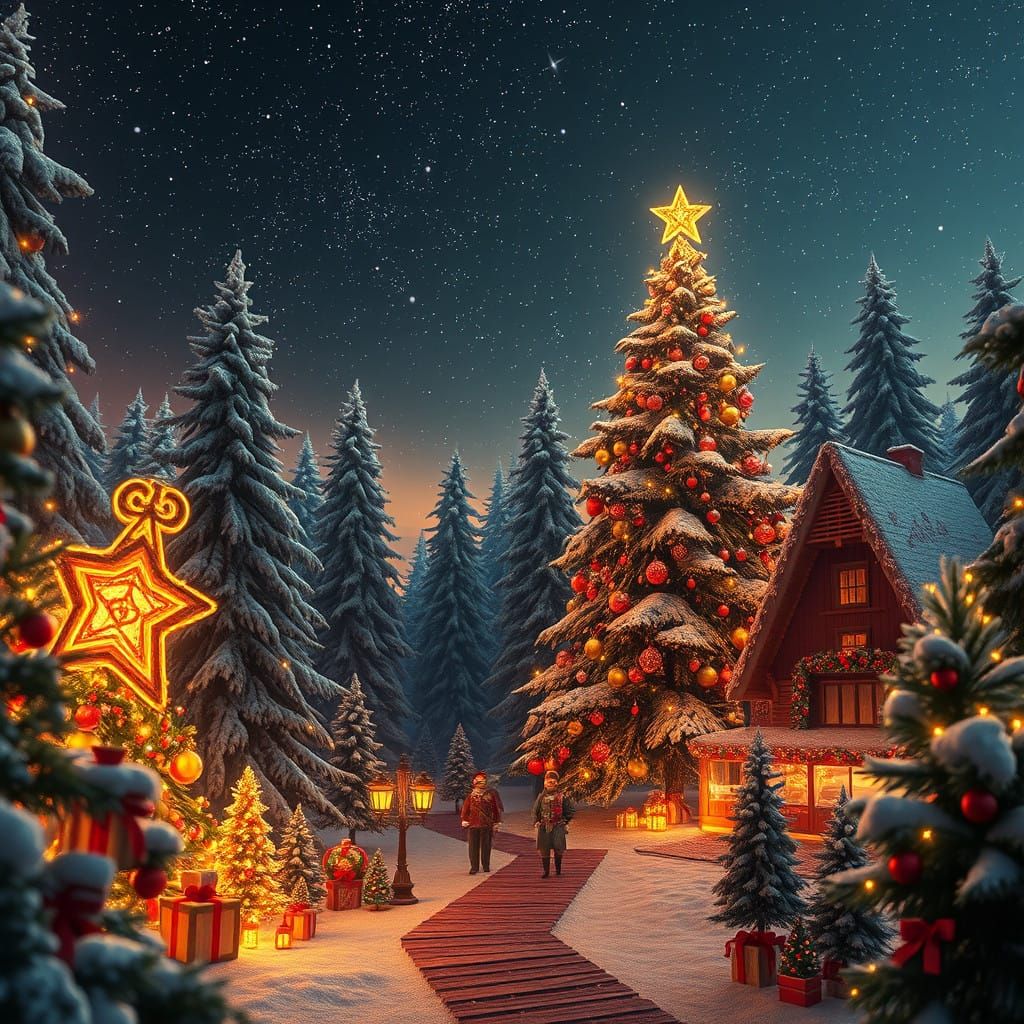 Surreal Christmas Scene with Majestic Fir Trees and Magical....
