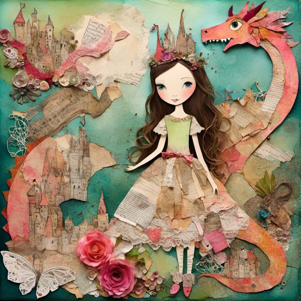 Princess and Dragon in Collage Style