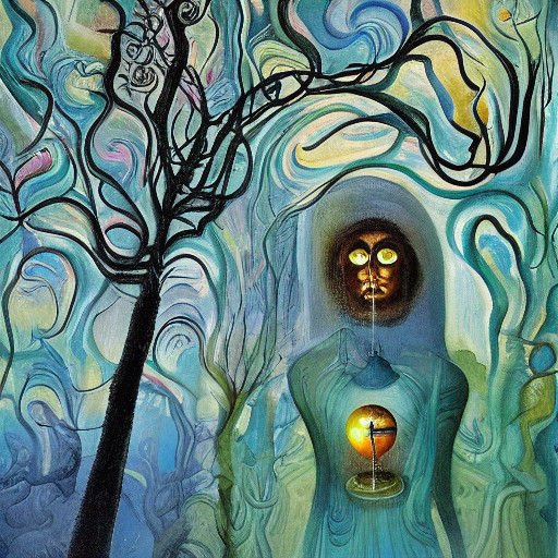 Mystical Figure in Vibrant, Dreamlike Forest