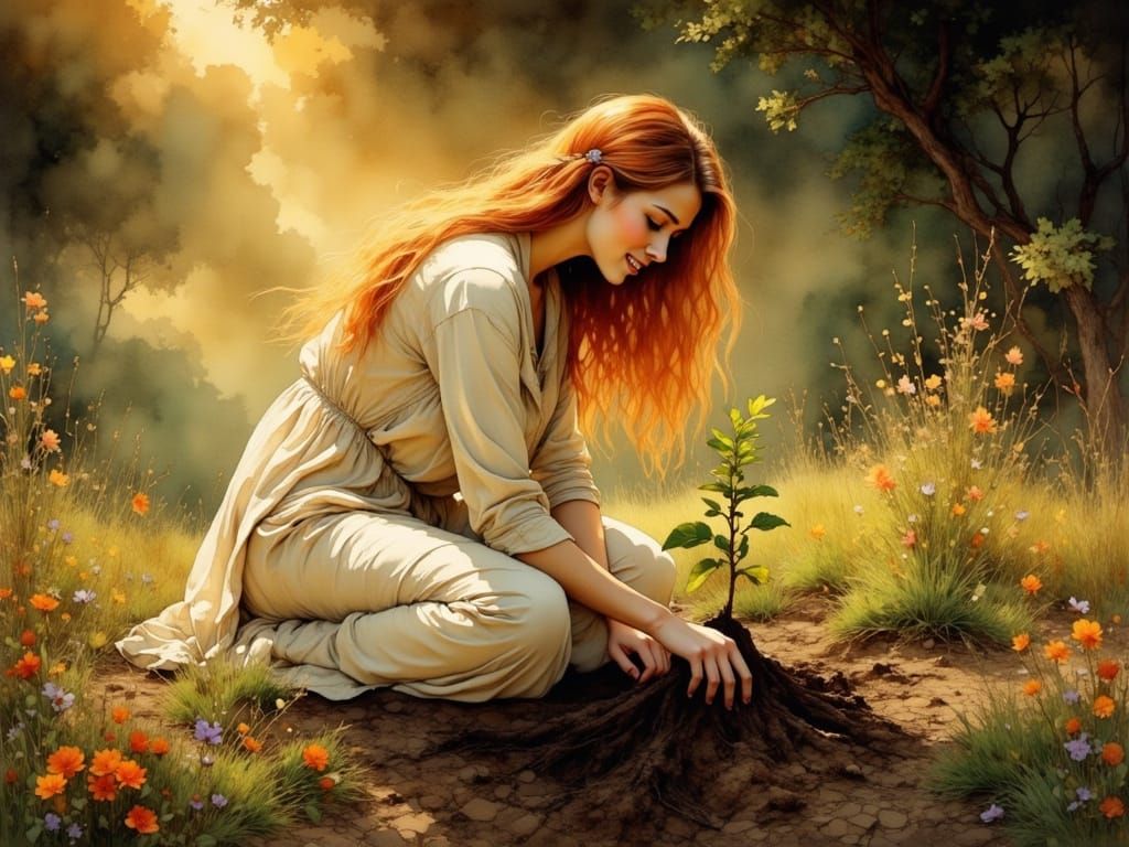Woman Plants Sapling in Barren Land Under Golden Light