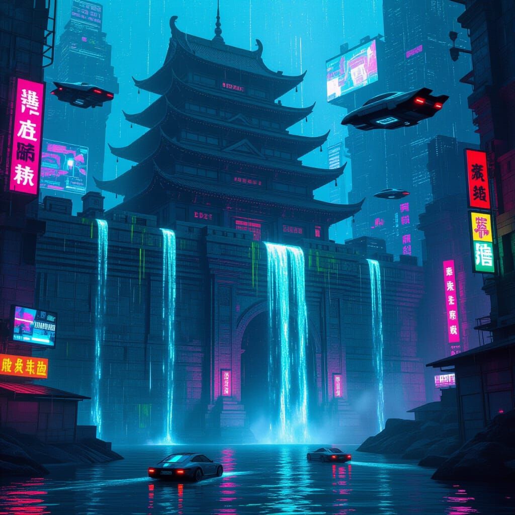 Cyberpunk Temple in Dystopian Cityscape