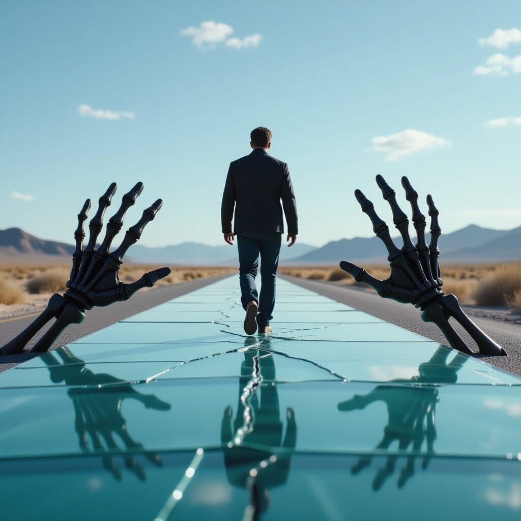 Hero on Glass Road with Skeletal Hands: Cinematic Still