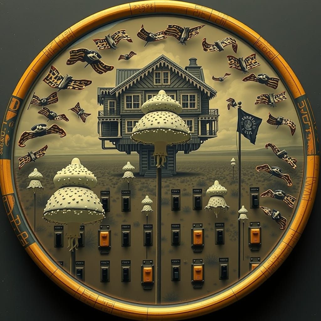 Surreal Mushroom Landscape in Hyperreal Black and White