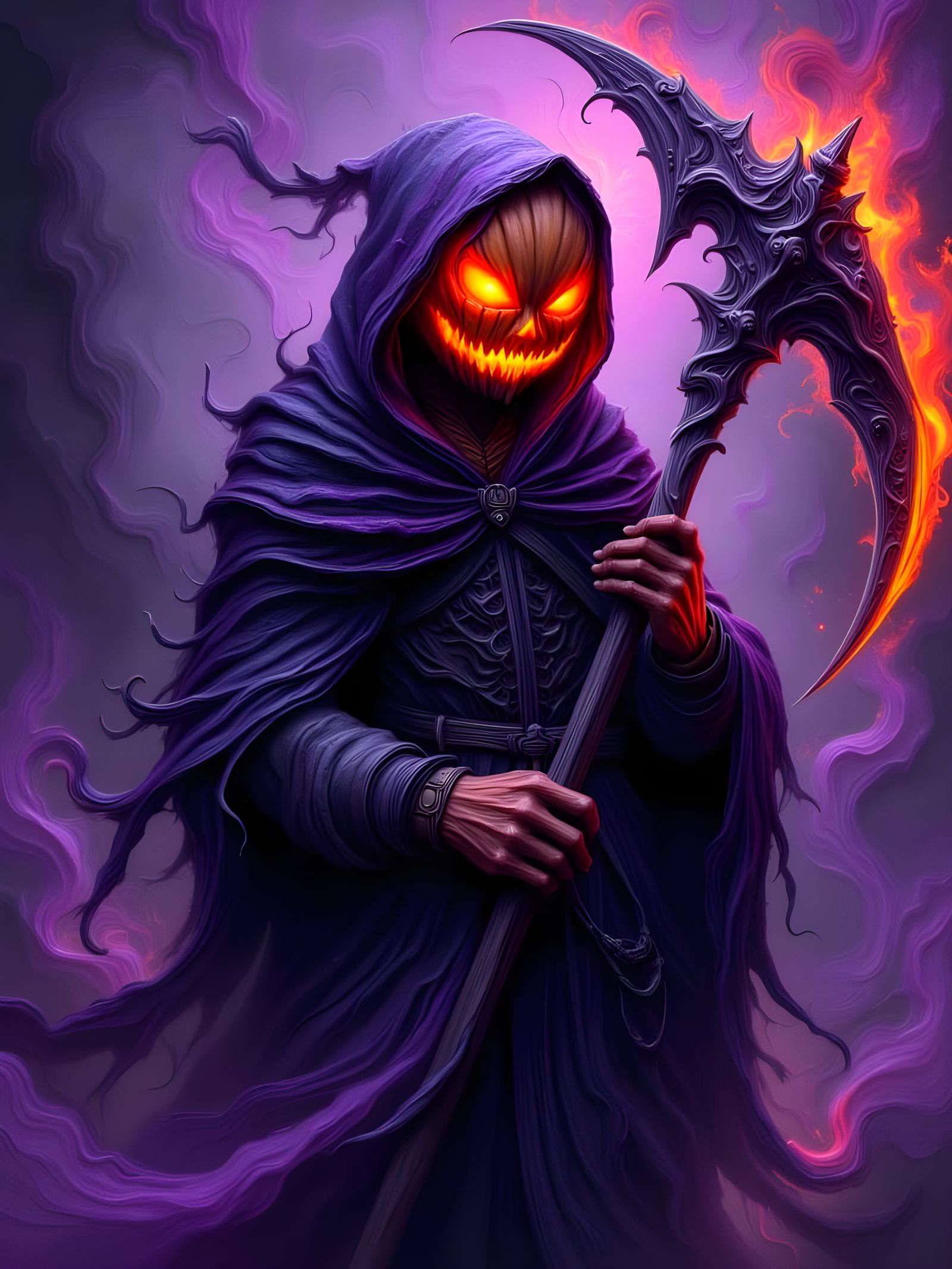 Terrifying Grim Reaper with Glowing Pumpkin Head