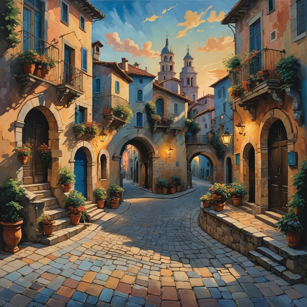 Italian Village at Dusk: Baroque Oil Painting
