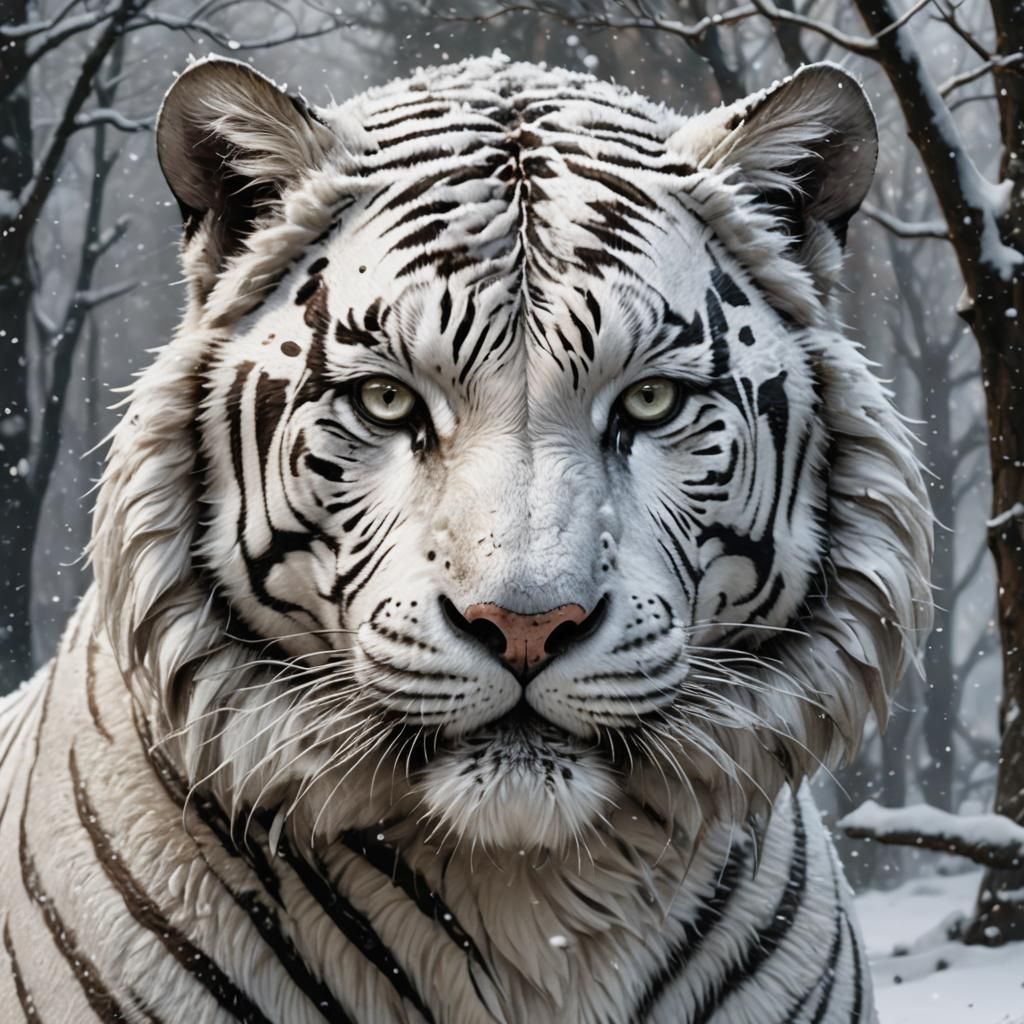 White Tiger Portrait in Winter Landscape, Hyperdetailed Art