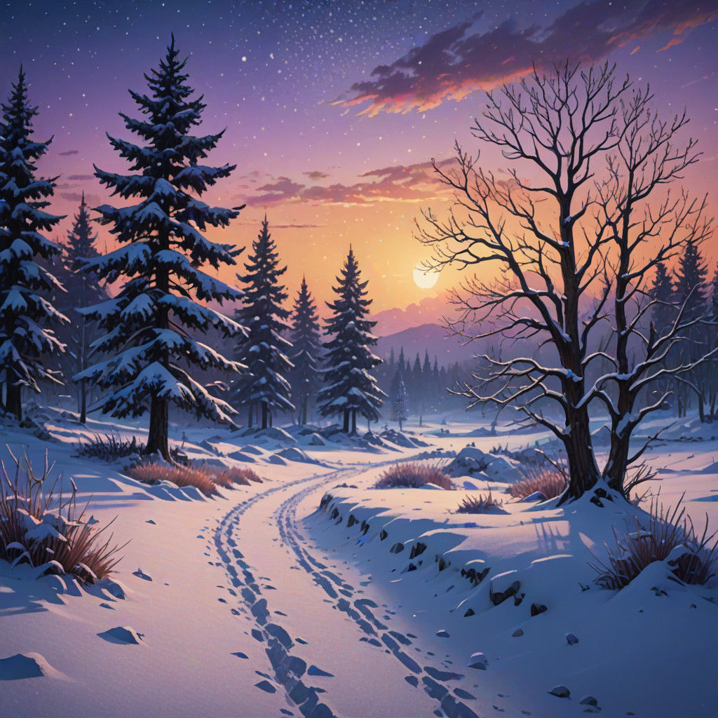 Serene Winterscape Sunset in Watercolor