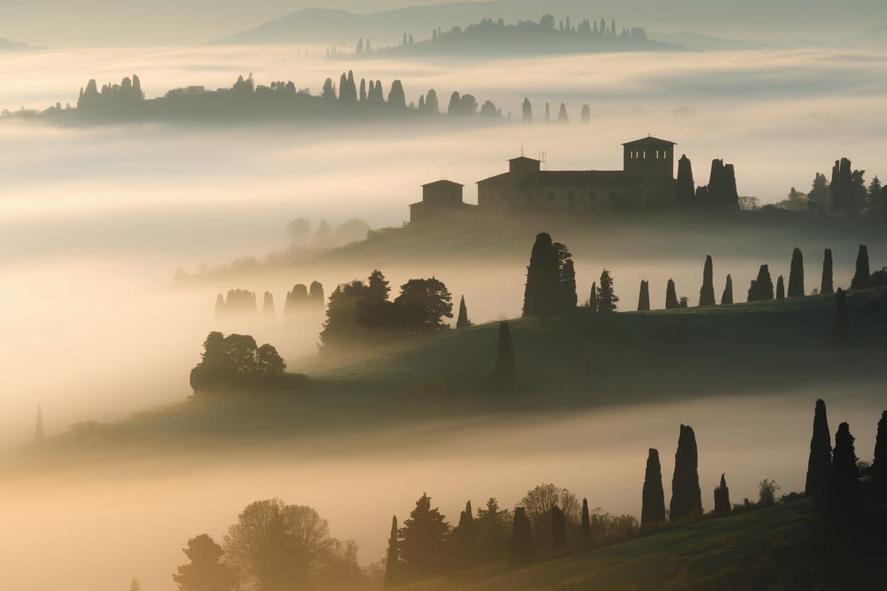 Misty Italian Hill Landscape at Early Morning
