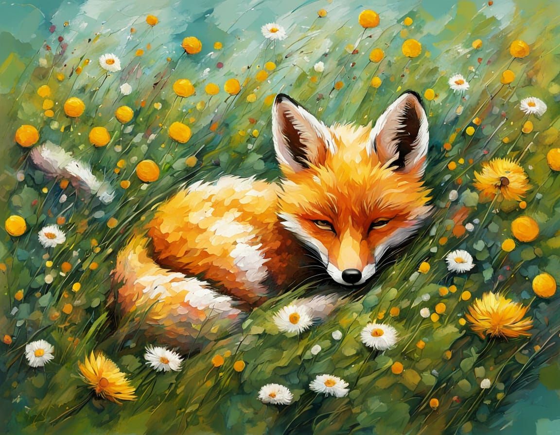 Sleeping Fox Cub in Impressionistic Style