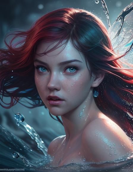 Hyperrealistic Dark Disney Ariel with Water Droplets