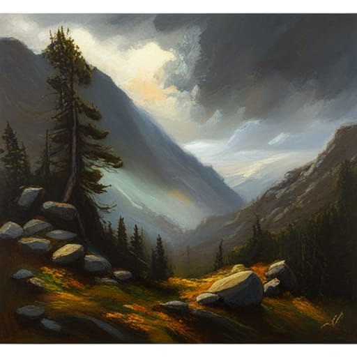 Wolf on Mountain During Stormy Night Oil Painting