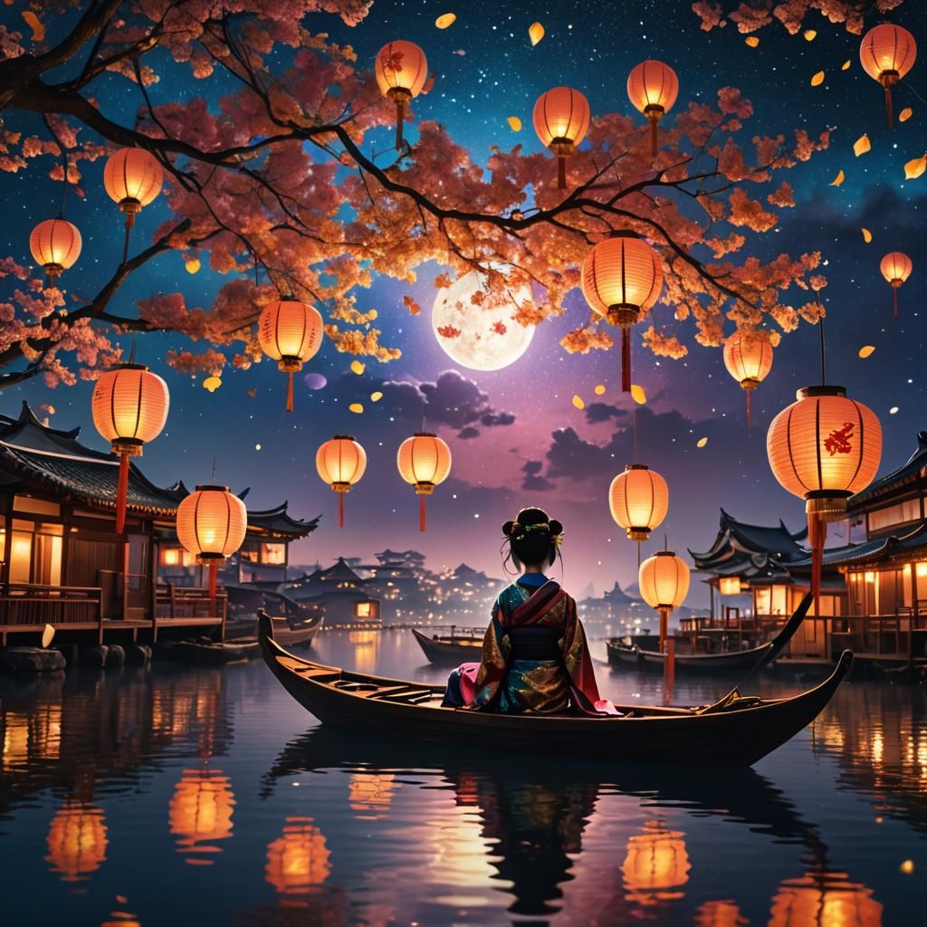 Geisha Silhouette at Lantern Festival in Anime Style