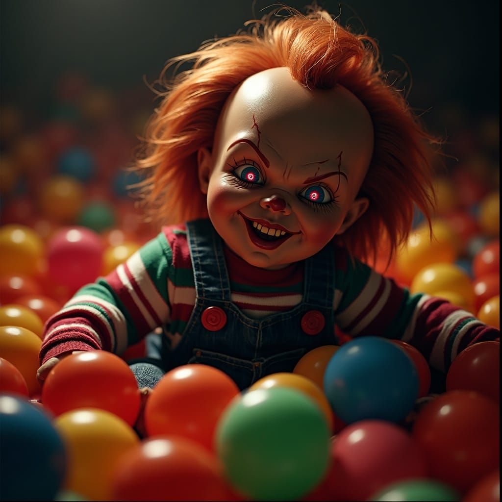 Chucky Emerges From Ballpit, Cinematic Horror Photo