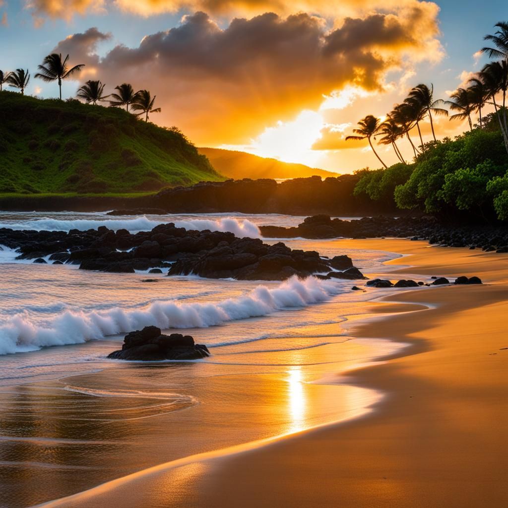 Waimea Beach Sunset with Hawaiian Airlines Plane