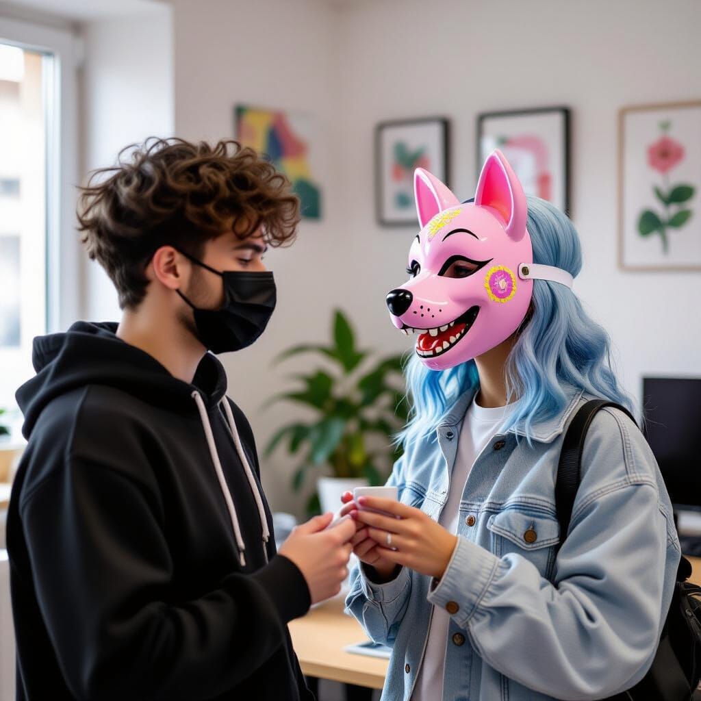 Elena Receives a Pink Mask in Wes Anderson Style