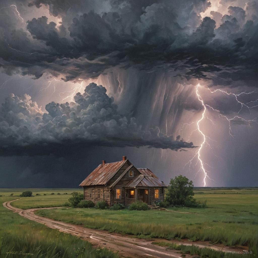 Prairie House in Impasto Lightning Storm