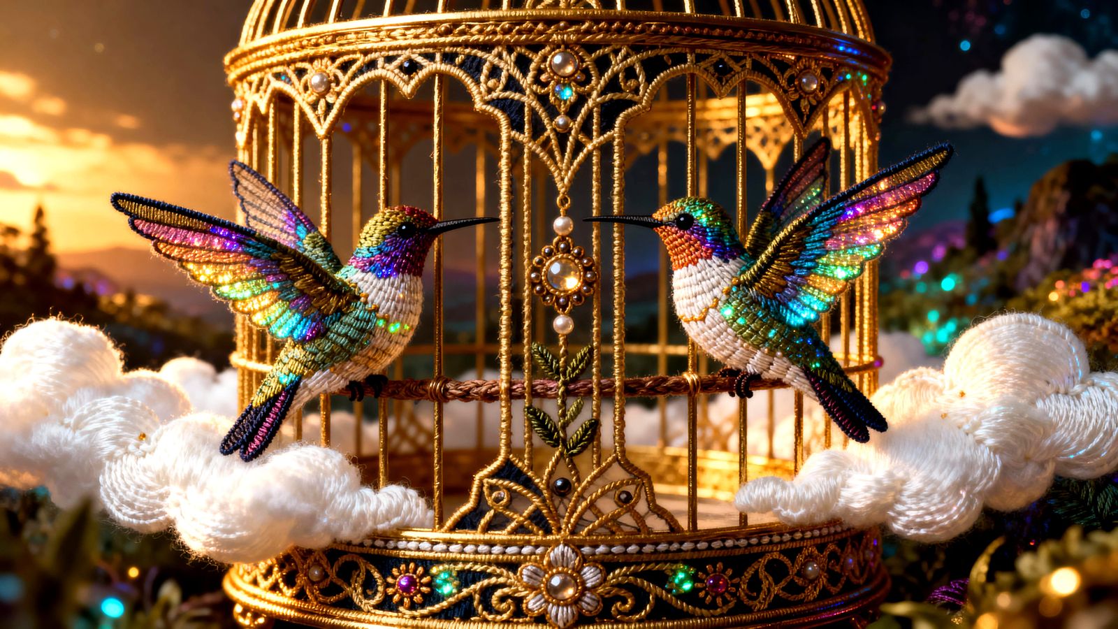 Hummingbirds in Golden Art Nouveau Bird Cage