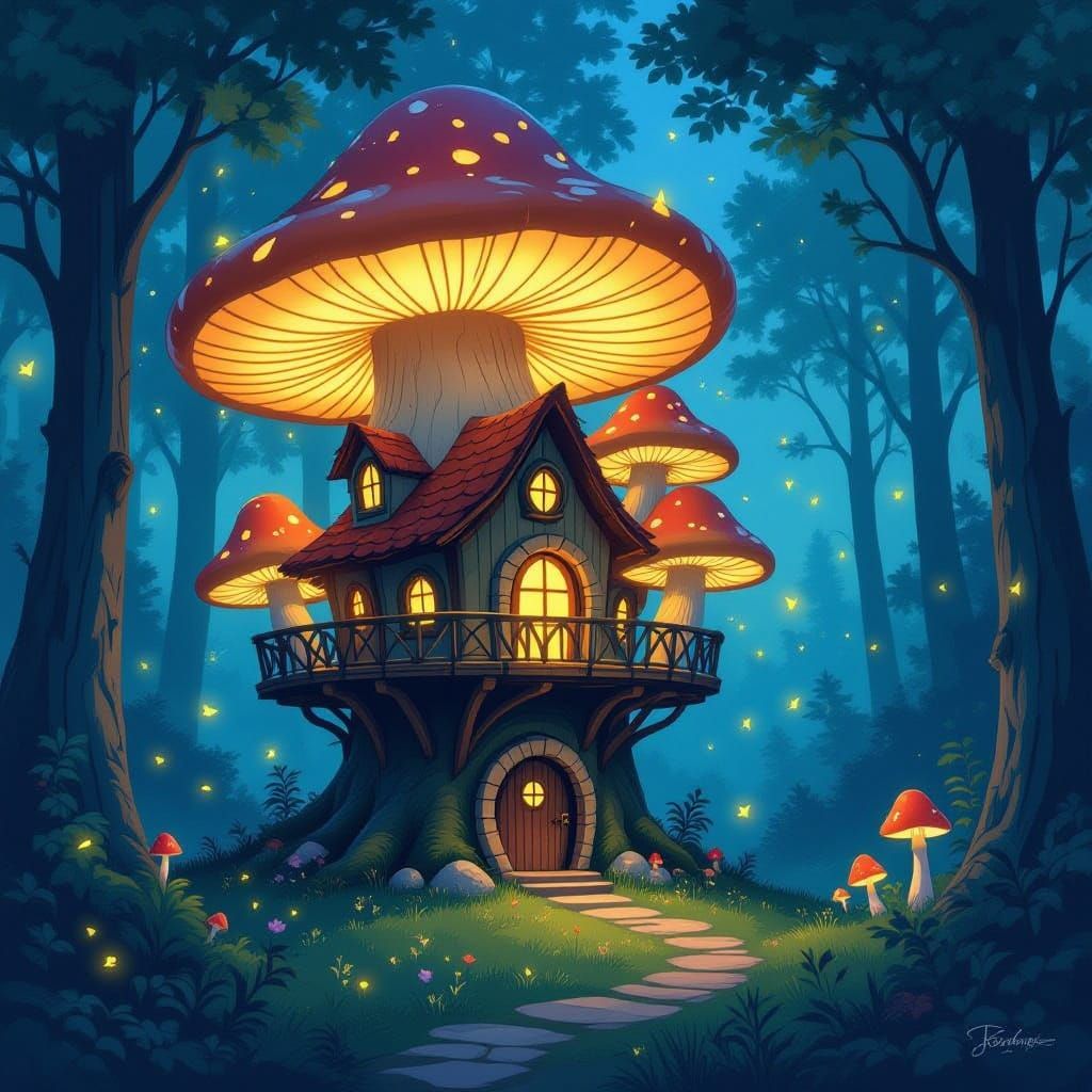 Whimsical Mushroom Treehouse at Twilight