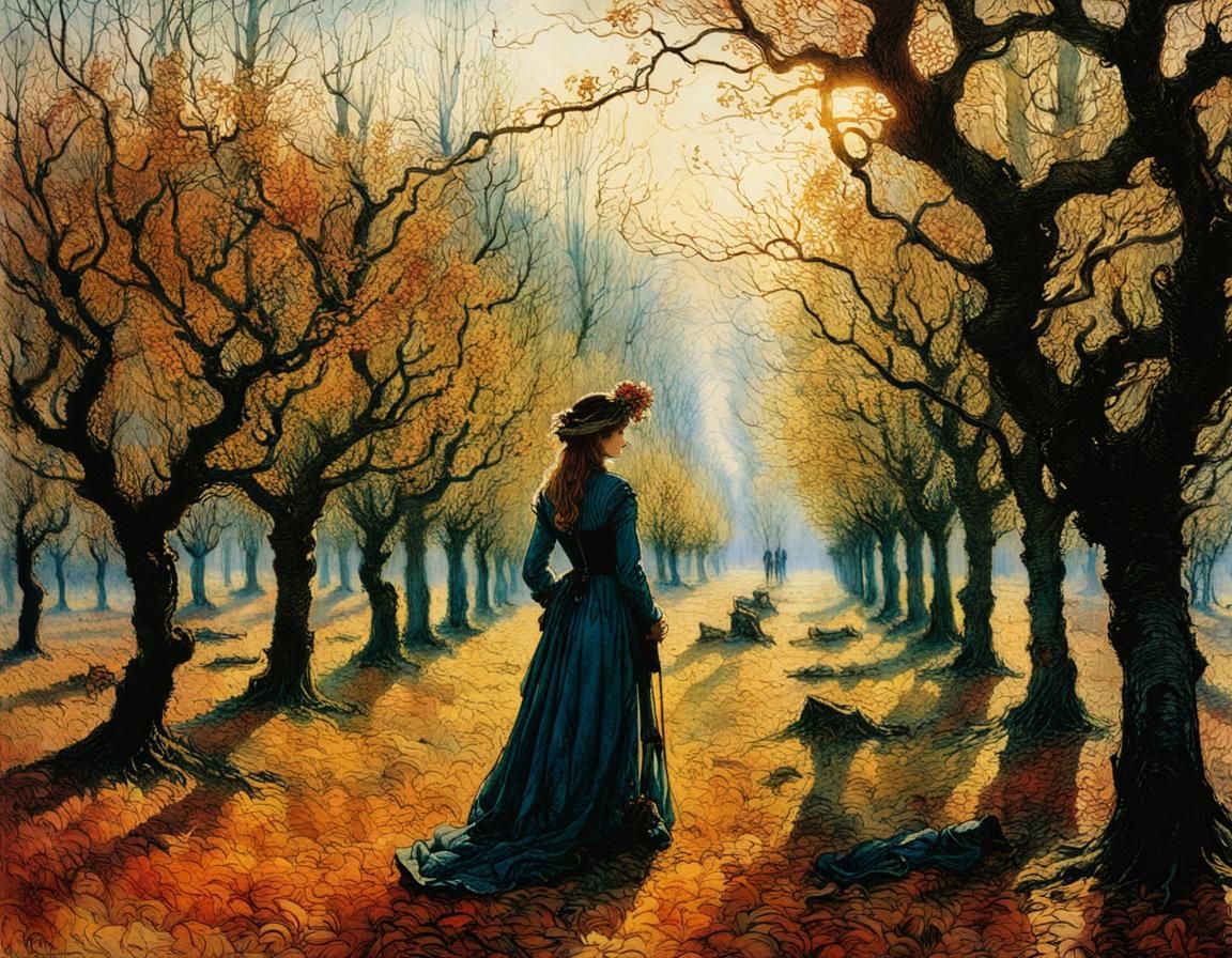Autumn Orchard Scene in Golden Age Illustration Style