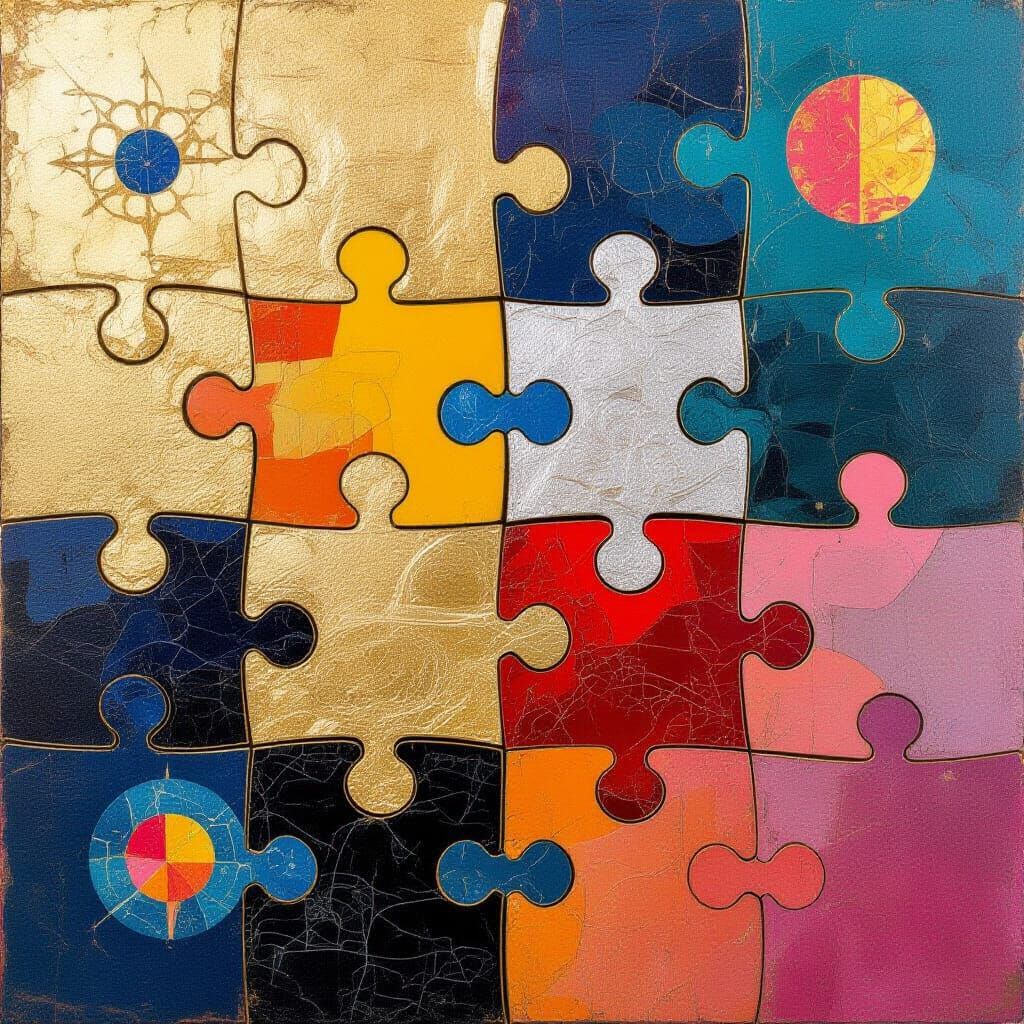 Mystical Puzzle: Gold, Silver, and Colorful Fragments
