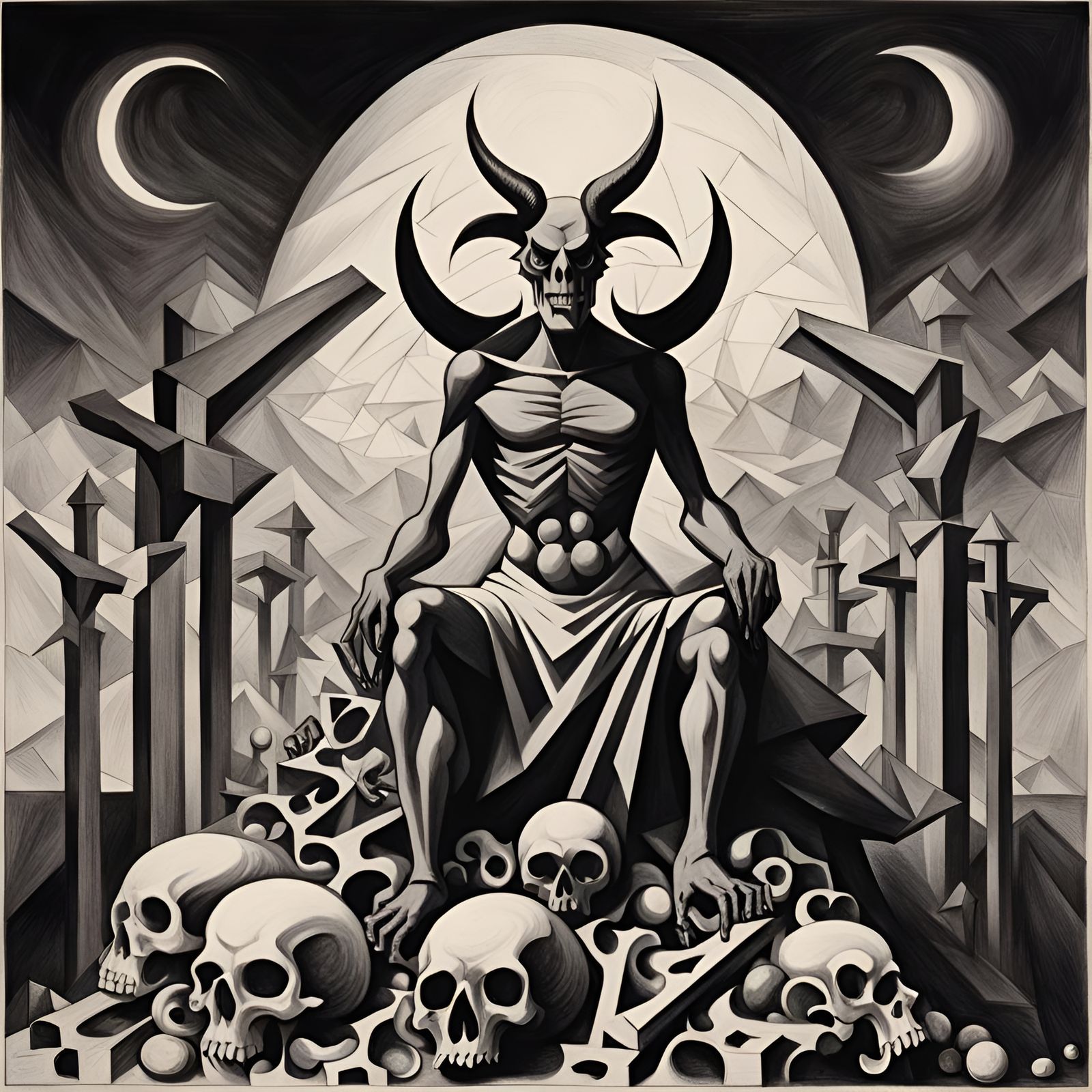 Line Drawing of Demon on Bones in Cubist Style