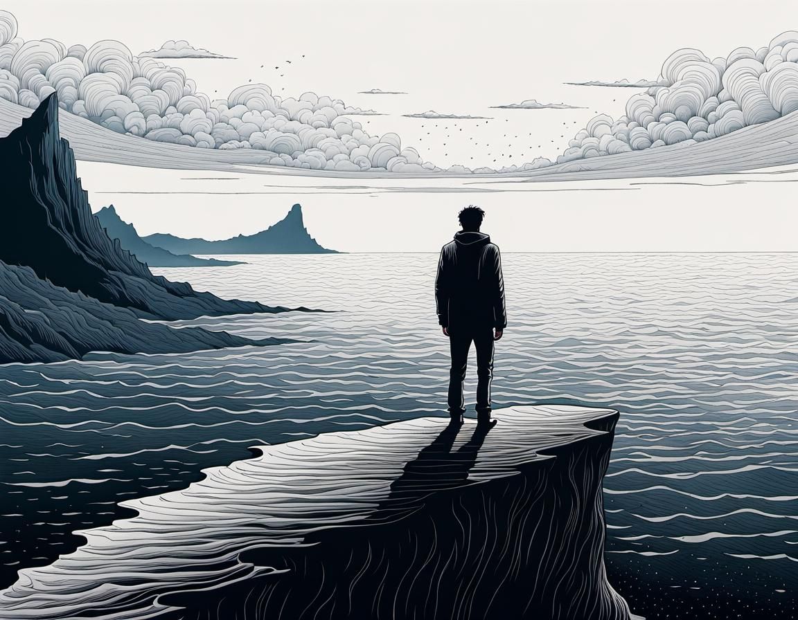 Surreal Ocean Landscape in Pen and Ink Style