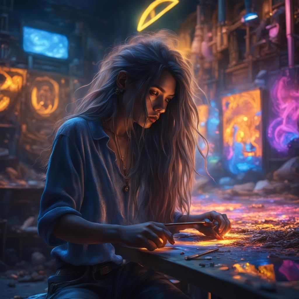 Enchanting Mysterious Artist Girl with Neon Lighting