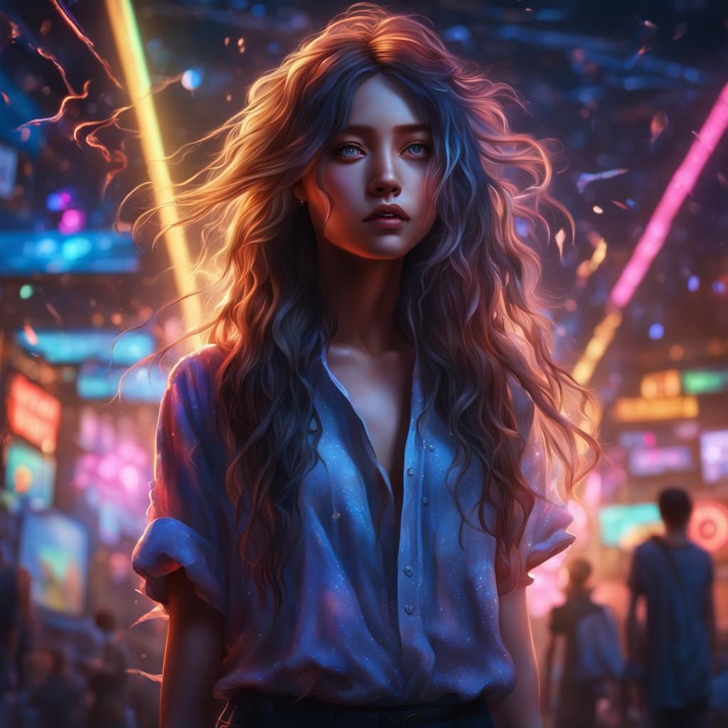 Enchanting Mysterious Artist Girl with Neon Lighting