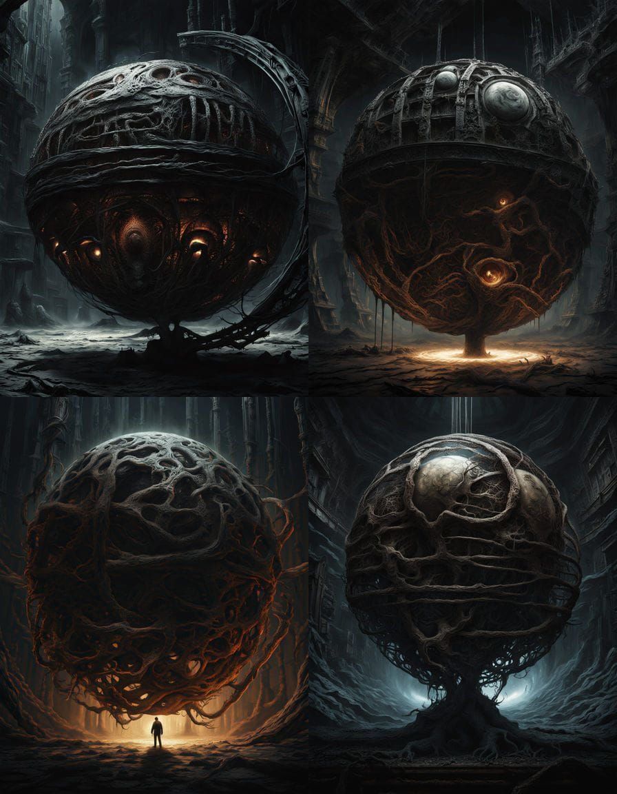 Grotesque Biomechanical Sphere in Ominous Oil Painting