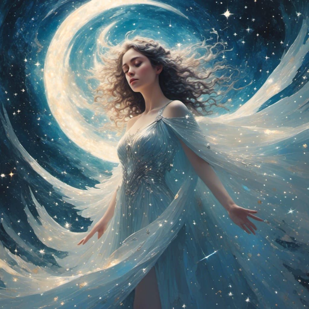 Winged Woman Surrounded by Stars in Silver Dress