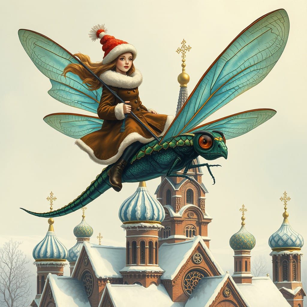 Woman Riding Dragonfly Over Russian Orthodox Church in Whims...