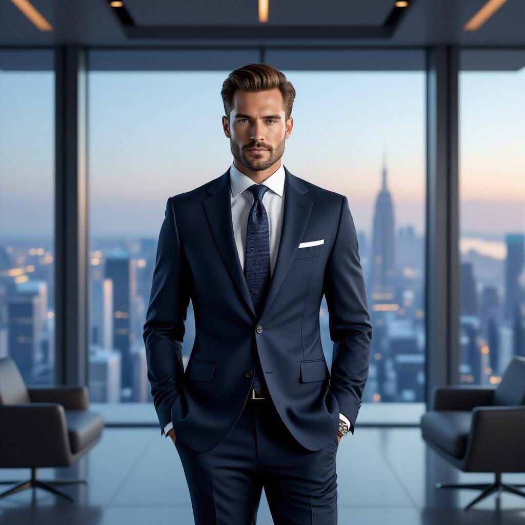 Elegant Businessman in Futuristic Office as Digital Art