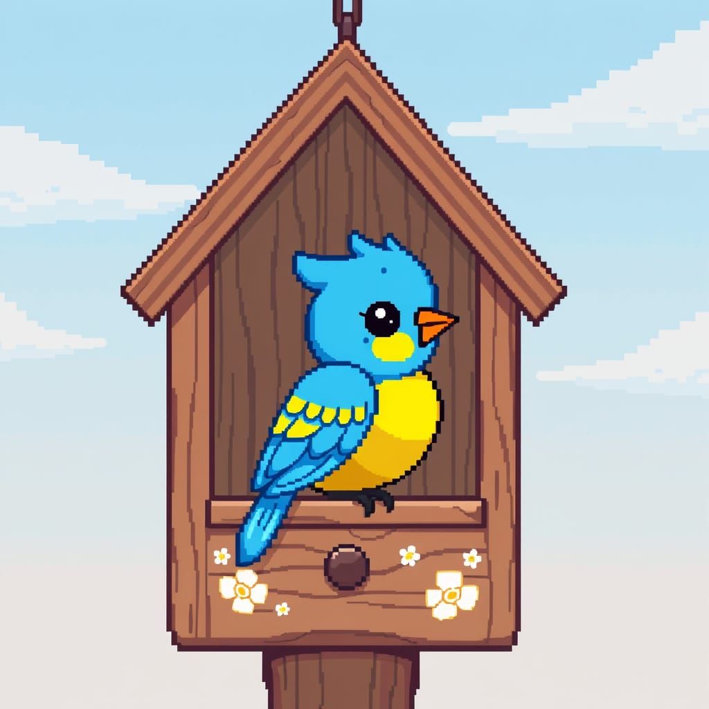 8-Bit Anime Bird in Pixel Art Birdhouse