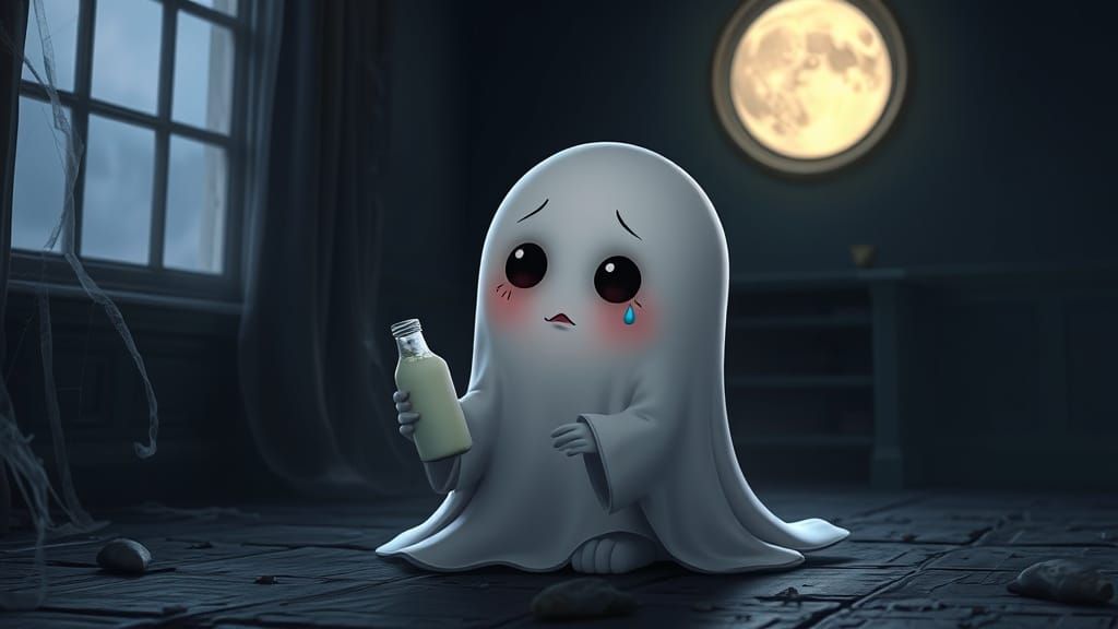 Melancholic Ghost in Haunted Room, 3D Animated Style