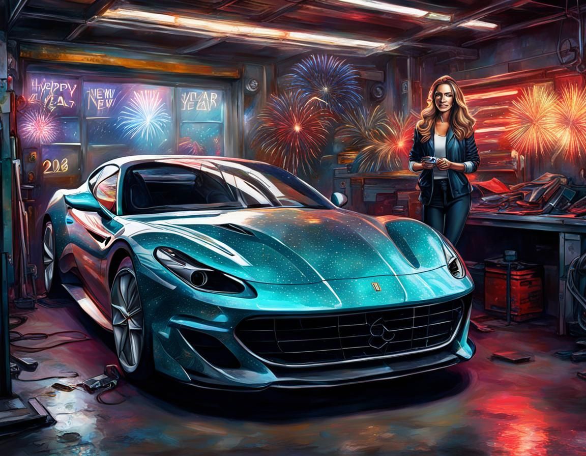 Woman Repairs Ferrari: Holographic Cosmic Illustration