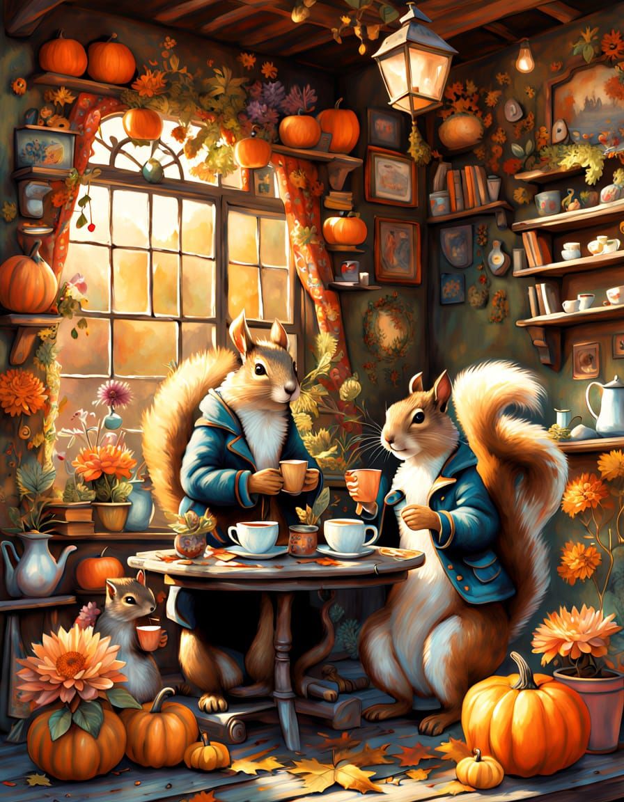 Squirrels Share Coffee in an Autumn Diorama