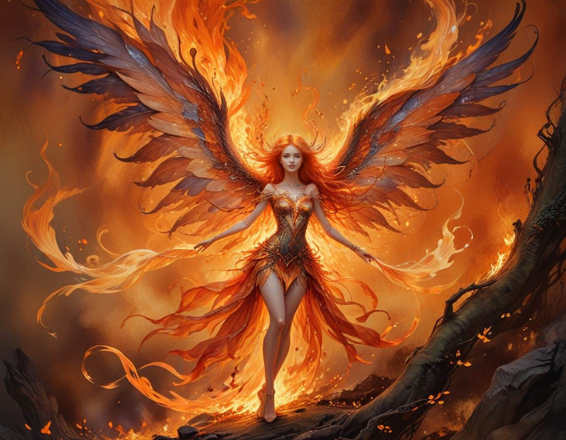 Watercolor Fire Fairy with a Gorgeous Face