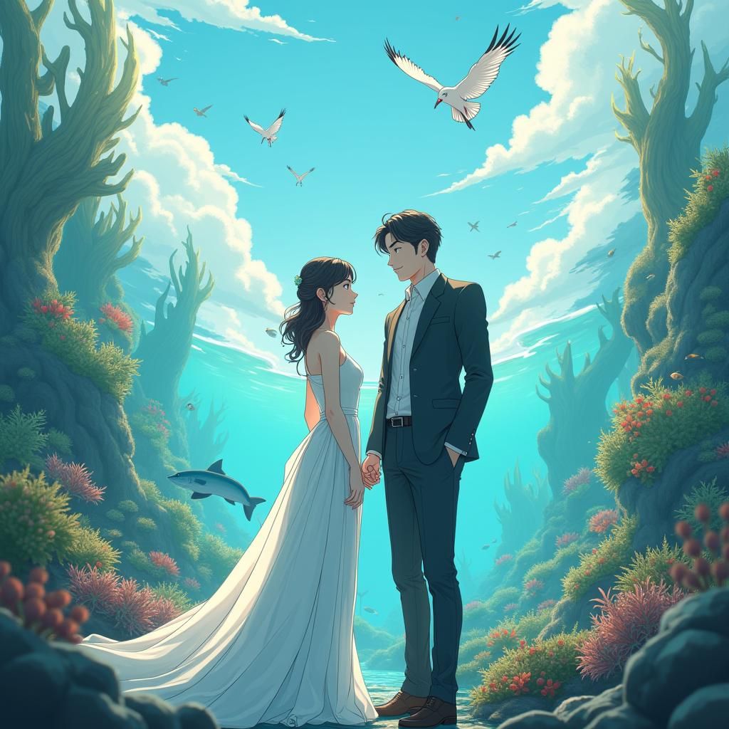 Serene Couple Surrounded by Marine Life in Anime Style