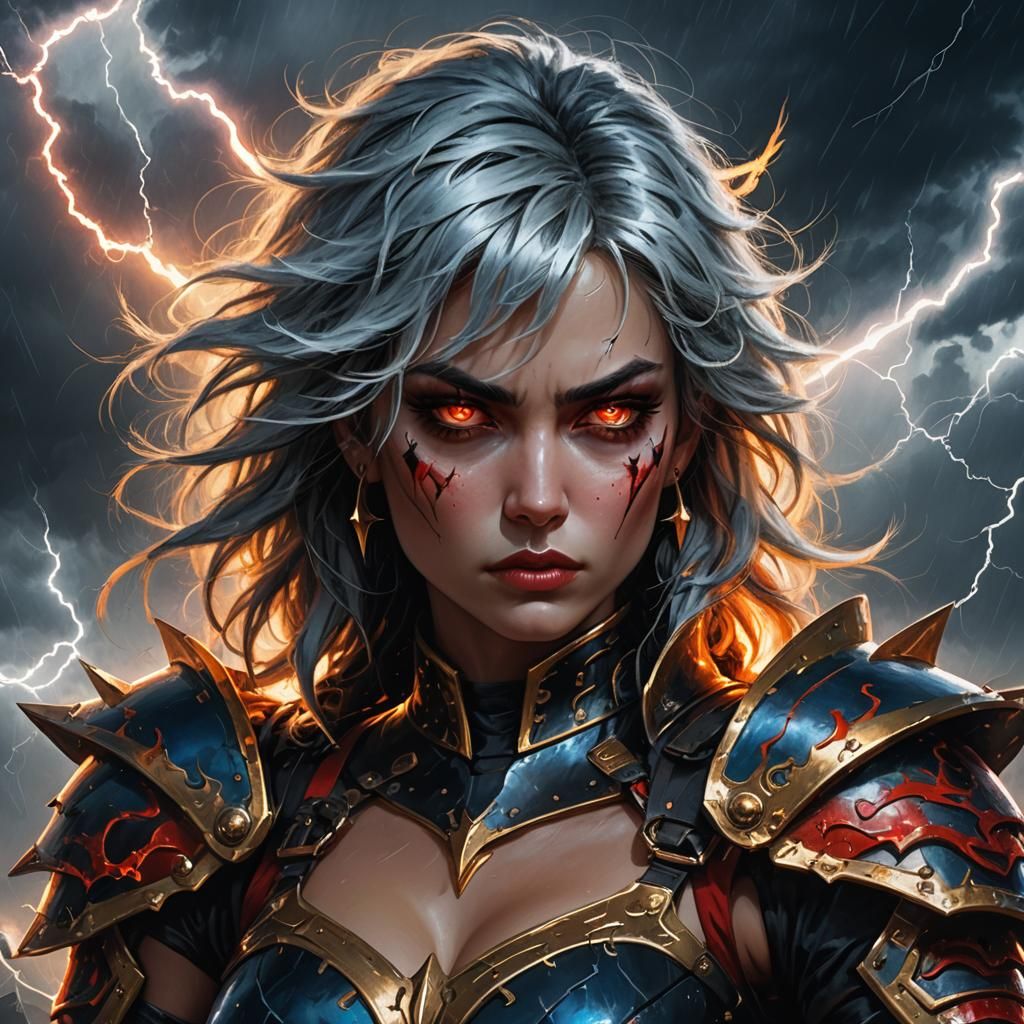 Fantasy Warrior Woman in Stormy Sky, Digital Art