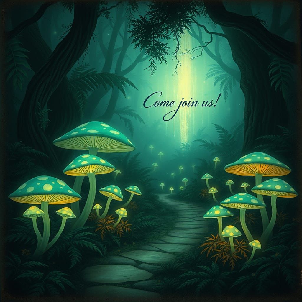 Glowing Mushrooms Light Forest Path in Art Nouveau Style