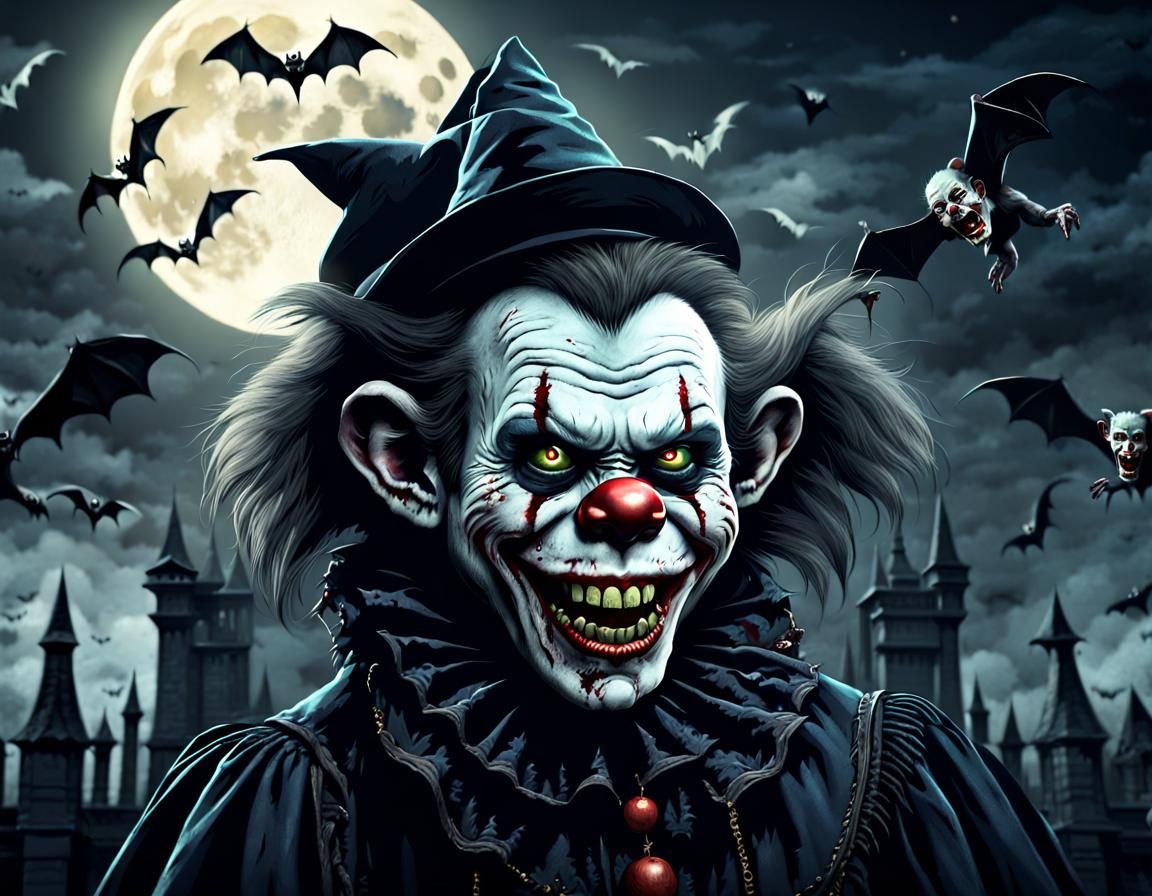 Gothic Zombie Clown Witch with Bats in Moonlight