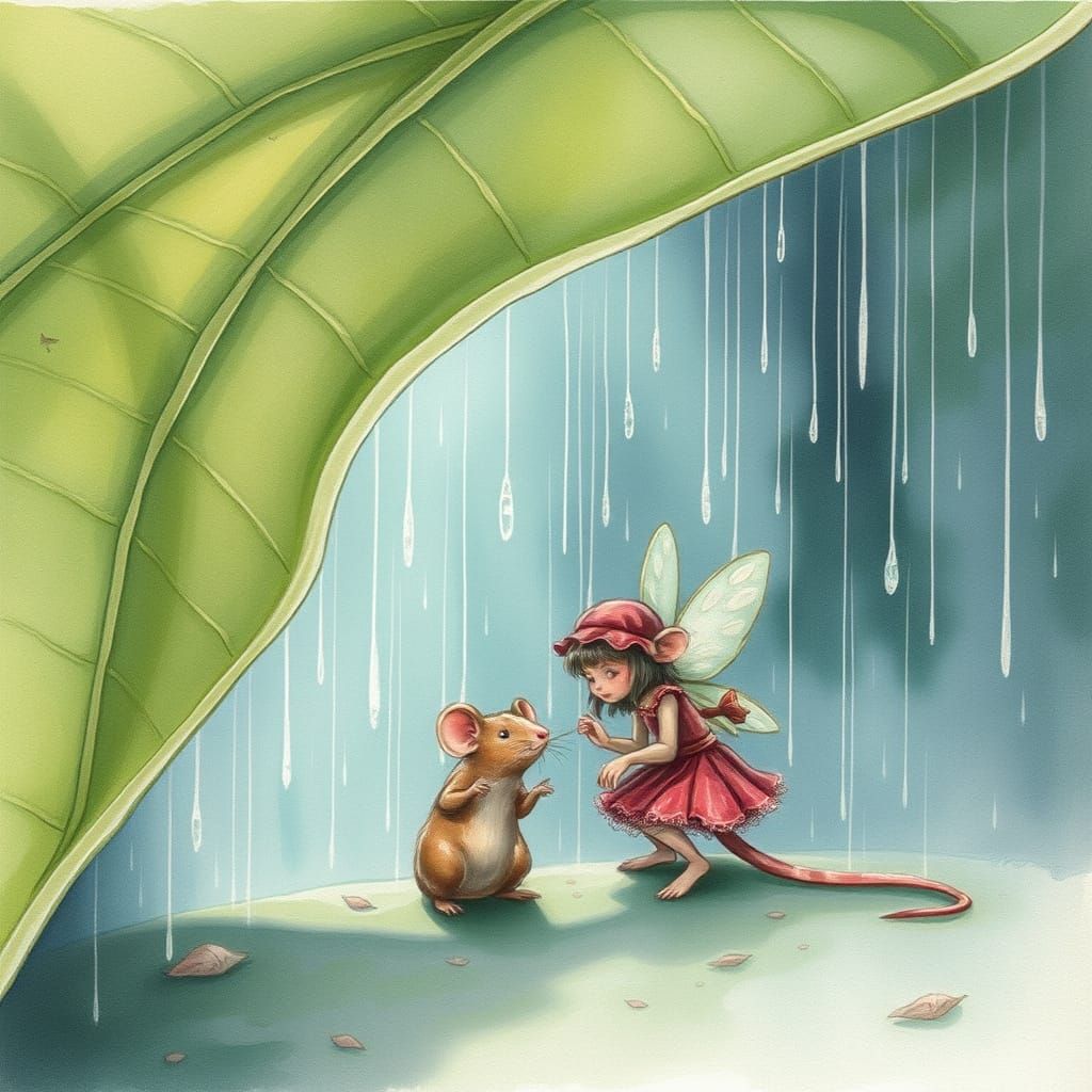 Fairy and Rat Seek Shelter, Watercolor Style