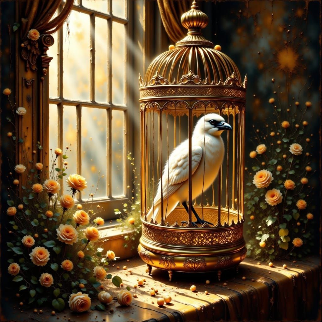 Ornate Golden Birdcage with White Raven in Sunlit Room